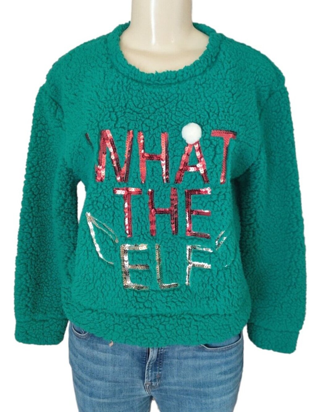 Wallflower Ugly Christmas Sweater Juniors M Green Sherpa What The Elf Sequin